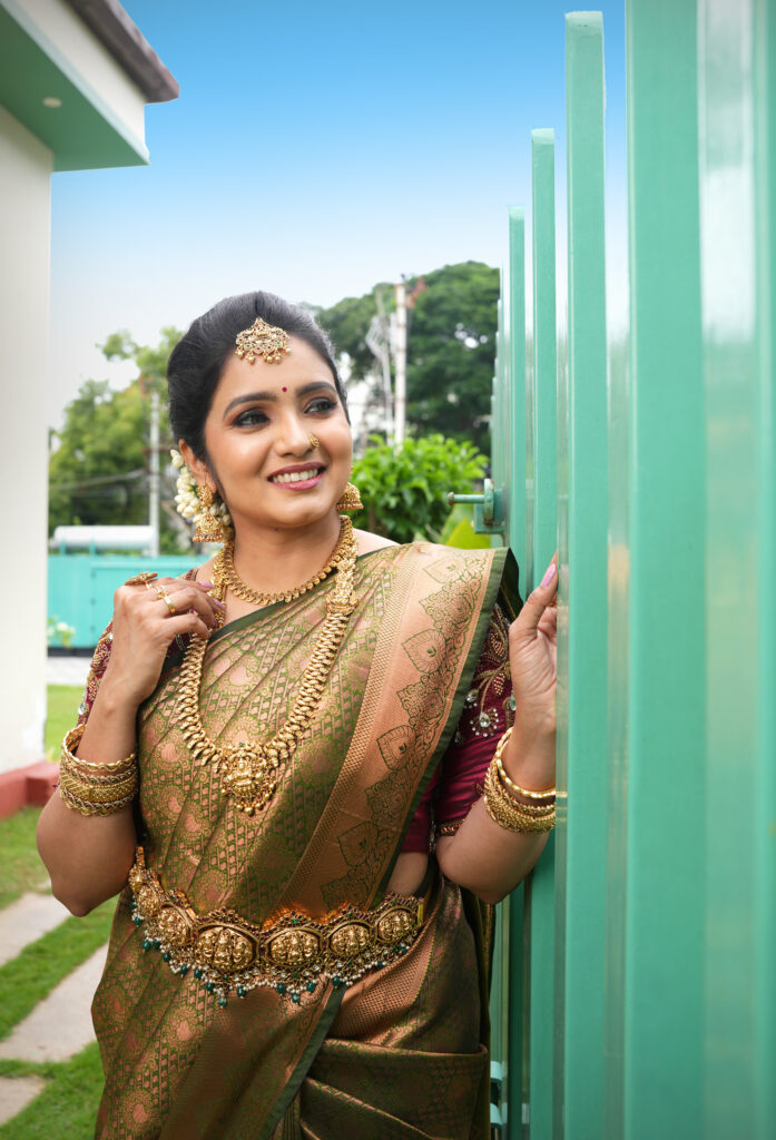 Traditional South Indian bridal makeup with temple jewelry at Lara Styles Unisex Salon Coimbatore