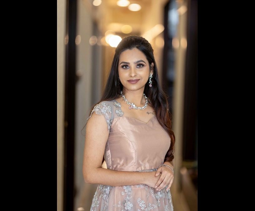 Bride-to-be with soft bridal makeup and a pastel-toned simple makeover by expert Coimbatore makeup artist at Lara Styles.